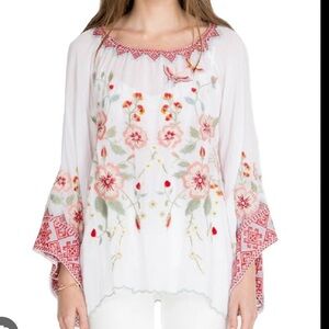Johnny Was Grace Top Light Grey Floral Embroidered Blouse Size Large